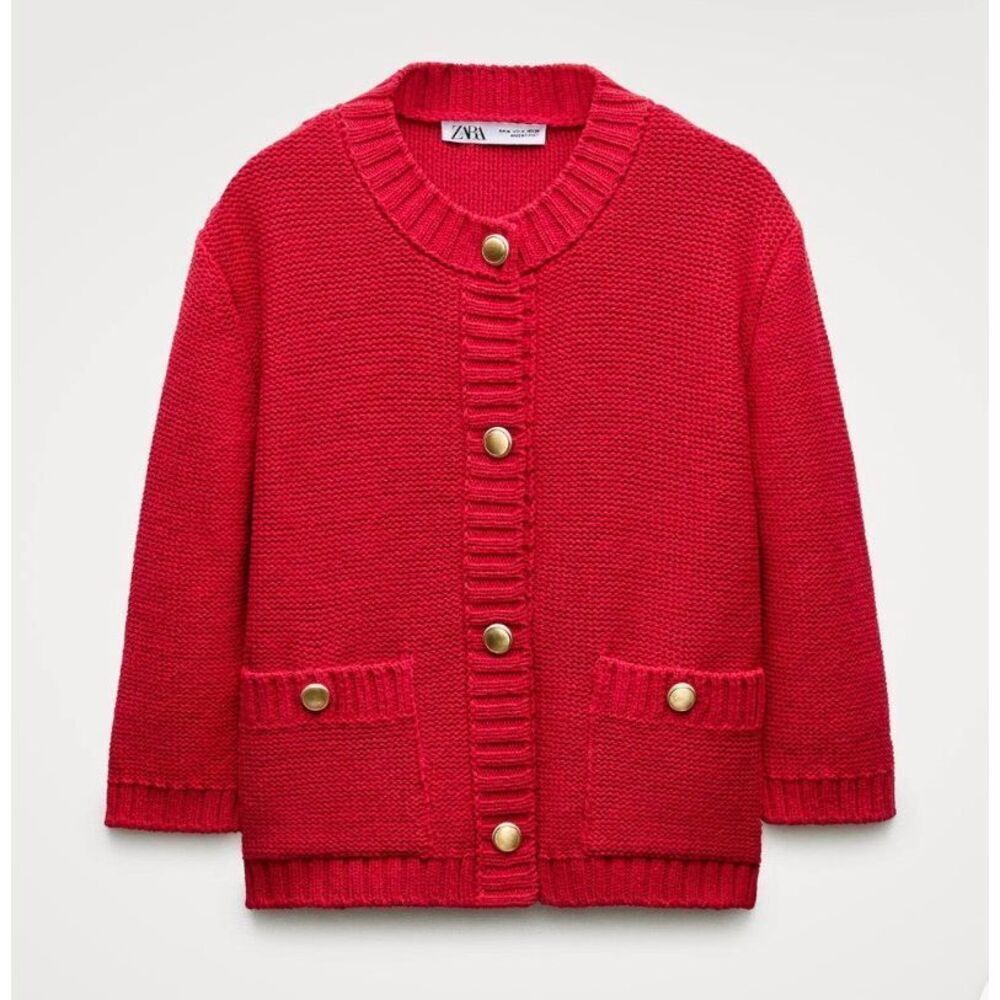 Zara Knit Crop Cardigan with Gold Buttons Medium in Red